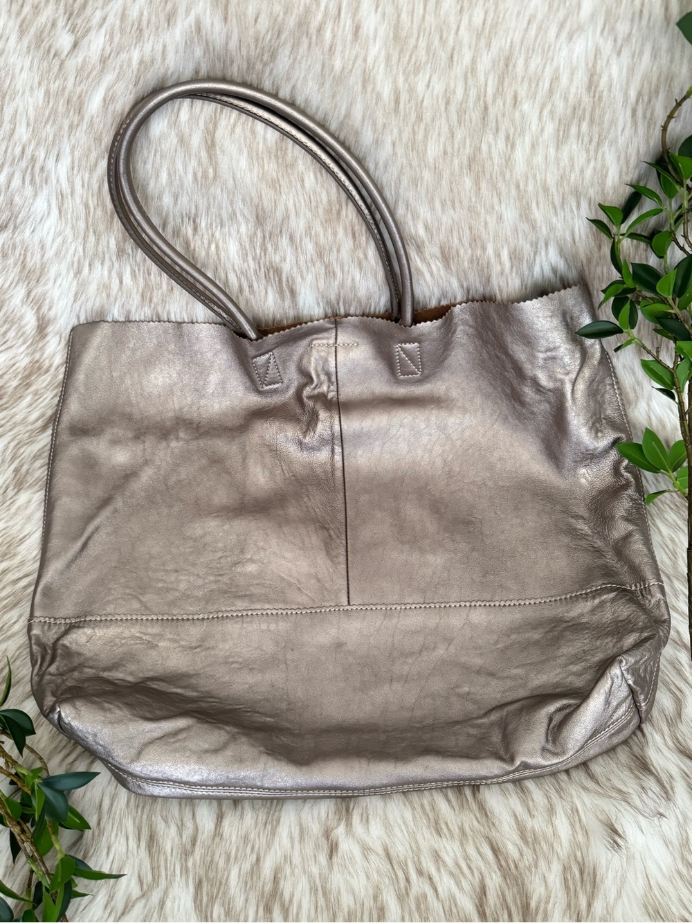 Banana Republic Large Metallic Taupe Lamb Skin Tote Bag